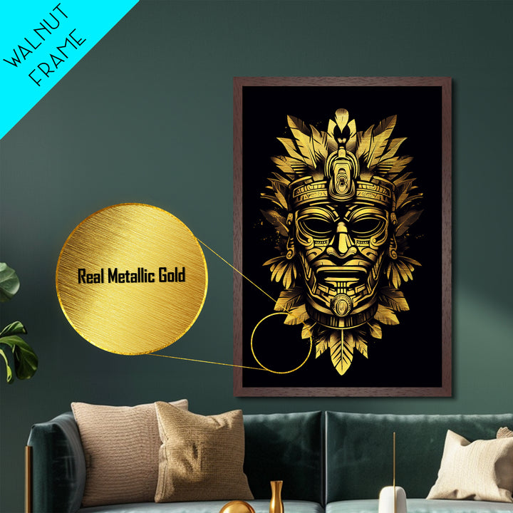 Ancient Aztec God Metallic Gold Metal Print, Ornate Tribal Face Artwork, Ethnic Mythic Wall Decor, Real Wood Frame