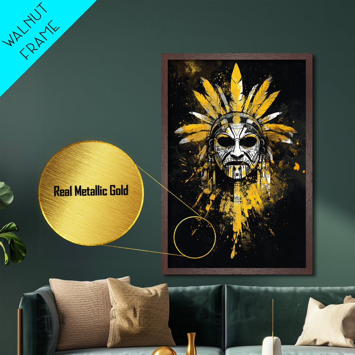 Aztec Skull Mask Metallic Gold Metal Print, Ancient Tribal Face Art, Bold Splatter Style Wall Decor, Real Wood Frame