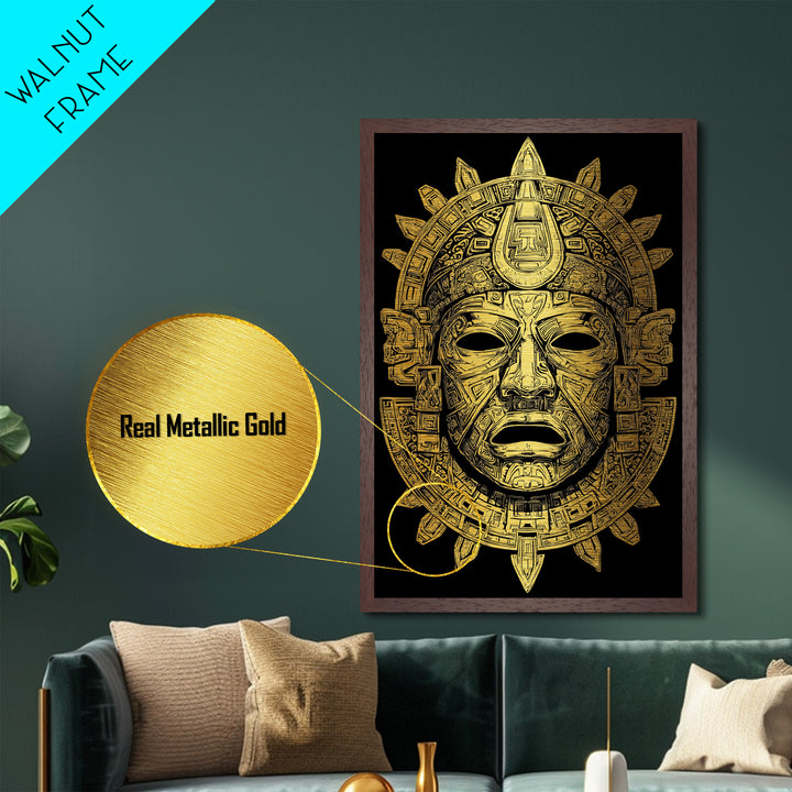 Aztec Deity Mask Metallic Gold Metal Print, Ornate Tribal Face Artwork, Ancient Cultural Wall Hanging, Real Wood Frame