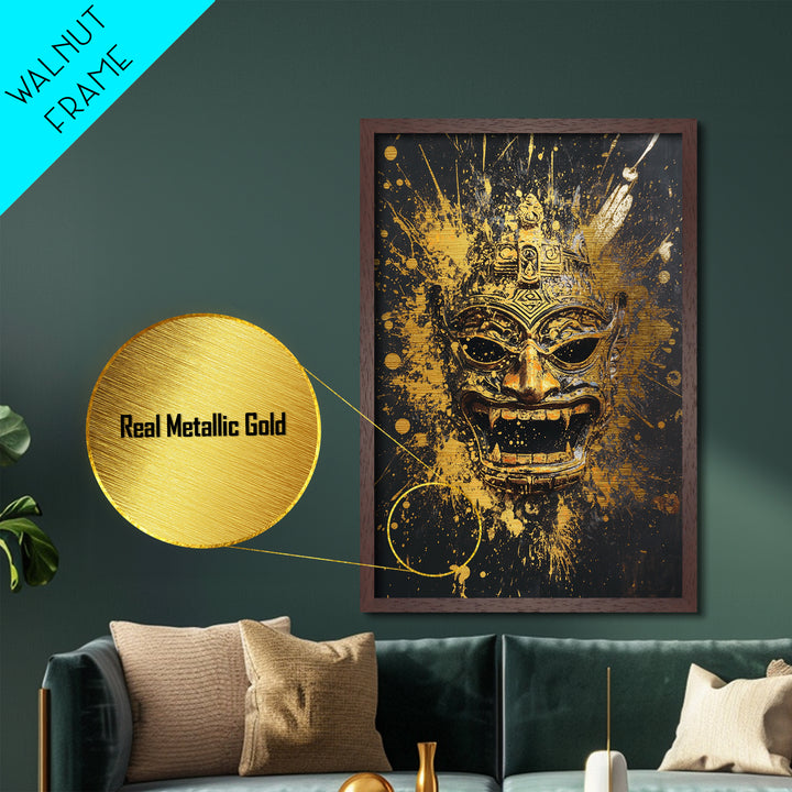 Balinese Demon Mask Metallic Gold Metal Print, Ornate Tribal Face Art, Mythical Splatter Style Wall Decor, Real Wood Frame