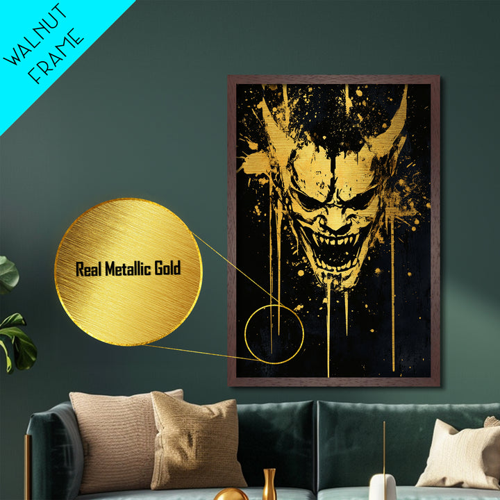 Demonic Splatter Mask Metallic Gold Metal Print, Fierce Abstract Face Art, Bold Horror Inspired Wall Decor, Real Wood Frame