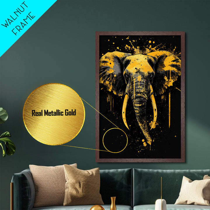 Elephant Head Metallic Gold Metal Print, Splatter Style Wildlife Artwork, Majestic Animal Wall Decor, Real Wood Frame