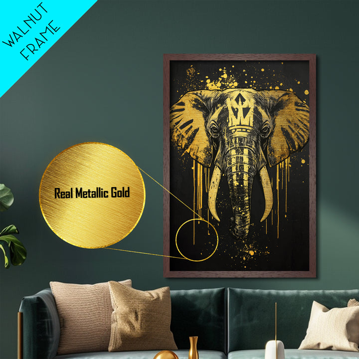 Royal Elephant Metallic Gold Metal Print, Splatter Style Tribal Artwork, Majestic Animal Wall Decor, Real Wood Frame
