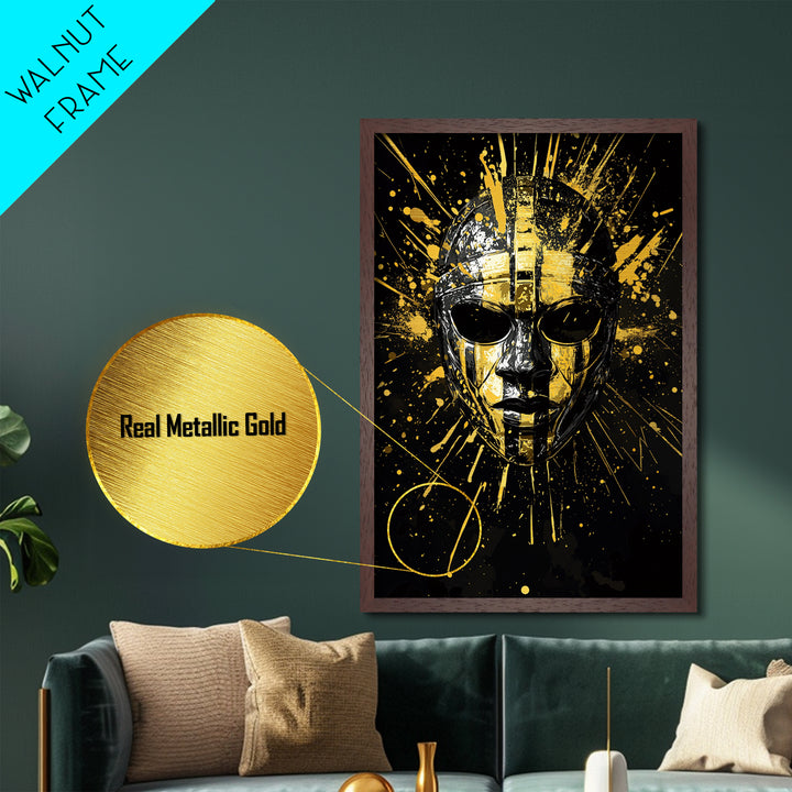 Ancient Warrior Mask Metallic Gold Metal Print, Ornate Tribal Face Artwork, Bold Splatter Style Wall Decor, Real Wood Frame
