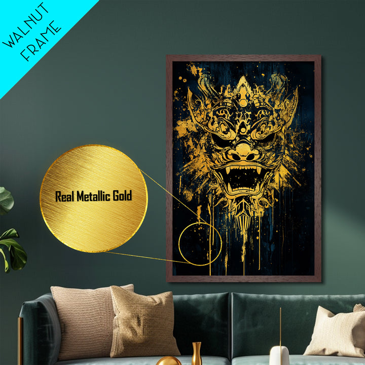 Balinese Barong Mask Metallic Gold Metal Print, Ornate Spiritual Face Artwork, Mythic Cultural Wall Decor, Real Wood Frame