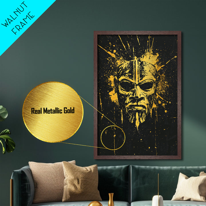 Batak Tribal Mask Metallic Gold Metal Print, Ornate Ethnic Face Artwork, Ancient Cultural Wall Hanging Decor, Real Wood Frame