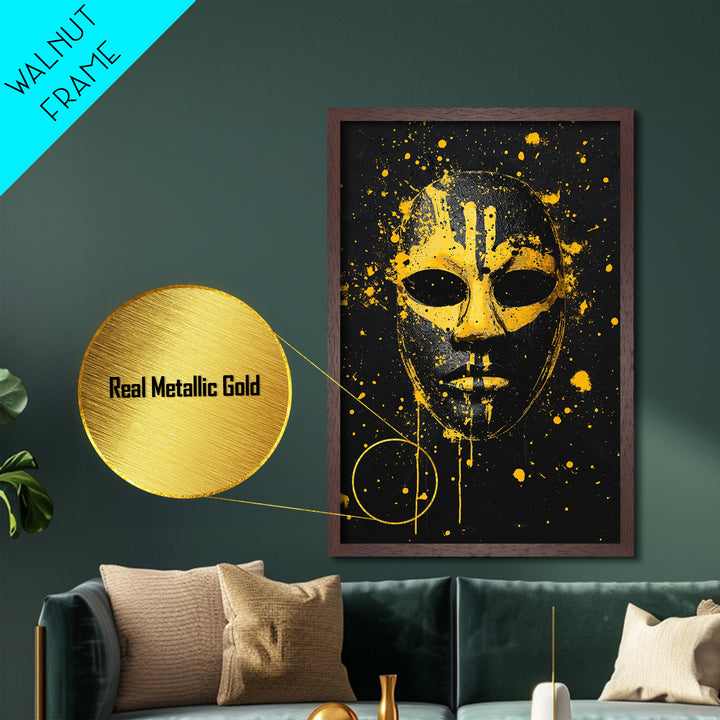 Abstract Splatter Mask Metallic Gold Metal Print, Tribal Face Wall Art, Bold Modern Mask Artwork, Real Wood Frame Home Decor