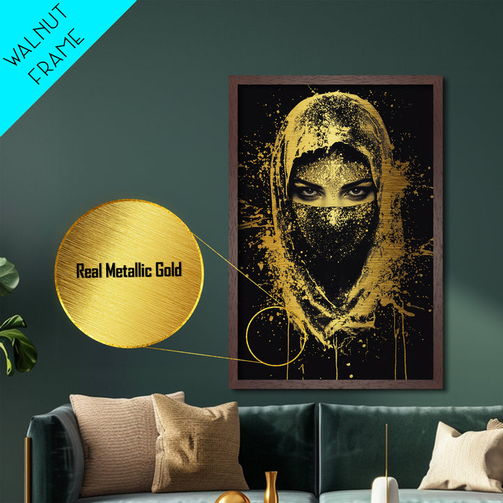 Mystical Veiled Woman Metallic Gold Metal Print, Splatter Style Portrait Art, Ethereal Female Artwork, Real Wood Frame Wall Decor