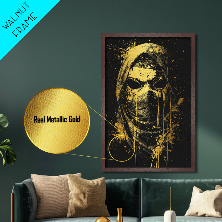 Hooded Tribal Figure Metallic Gold Metal Print, Splatter Style Mask Art, Spiritual Warrior Artwork, Real Wood Frame Bold Wall Decor