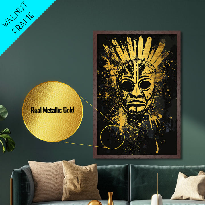 Feathered Tribal Mask Metallic Gold Metal Print, Ancestral Face Art, Splatter Style Ethnic Wall Hanging, Real Wood Frame Artwork