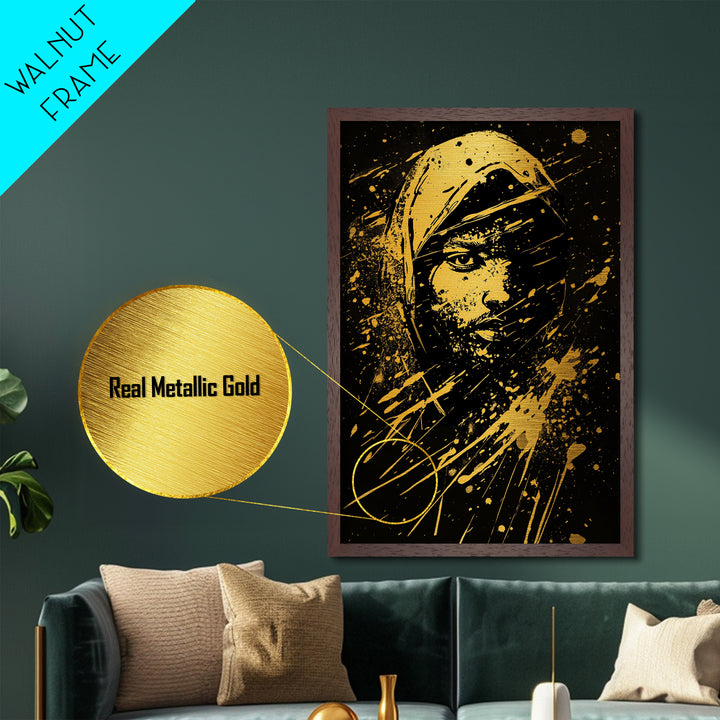 Golden Veiled Portrait Metallic Gold Metal Print, Abstract Female Art, Splatter Style Ethereal Face Artwork, Real Wood Frame Decor