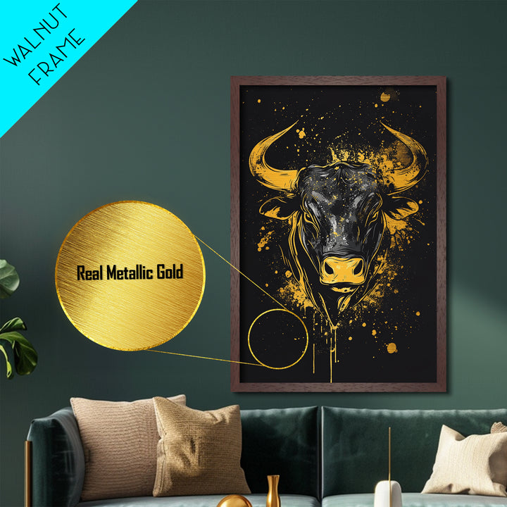 Powerful Bull Head Metallic Gold Metal Print, Abstract Splatter Animal Art, Bold Strength Symbol Artwork, Real Wood Frame Wall Decor