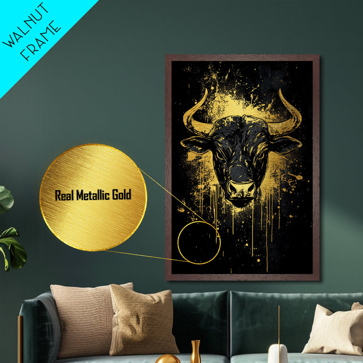 Majestic Bull Portrait Metallic Gold Metal Print, Tribal Splatter Animal Artwork, Strong Symbolic Wall Art, Real Wood Frame Decor