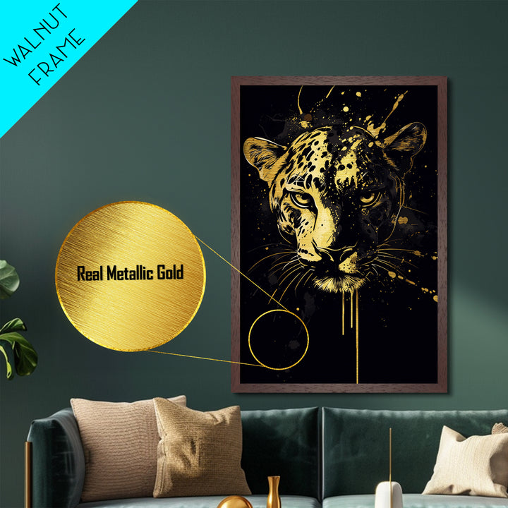 Wild Leopard Face Metallic Gold Metal Print, Bold Animal Portrait Art, Tribal Splatter Style Wall Artwork, Real Wood Frame Home Decor