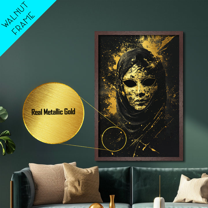 Mysterious Veiled Mask Metallic Gold Metal Print, Splatter Style Female Portrait, Abstract Ethereal Face Artwork, Real Wood Frame Decor