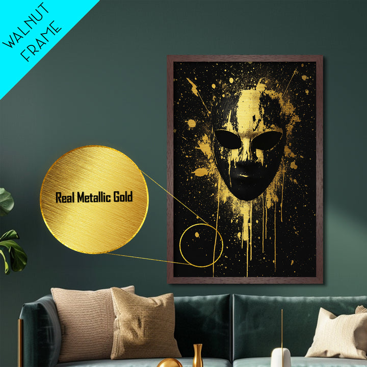 Abstract Splatter Mask Metallic Gold Metal Print, Bold Modern Face Art, Tribal Inspired Wall Decor, Real Wood Frame