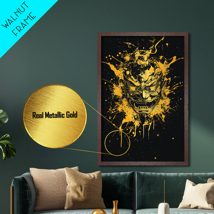 Oni Demon Mask Metallic Gold Metal Print, Japanese Mythology Inspired Art, Splatter Style Wall Decor, Real Wood Frame