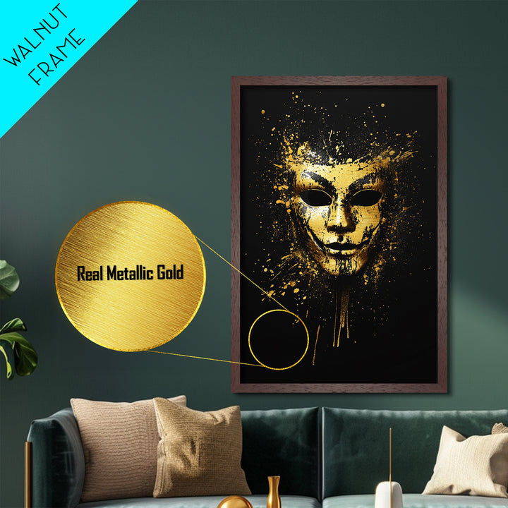 Abstract Painted Mask Metallic Gold Metal Print, Modern Face Art, Bold Splatter Style Wall Decoration, Real Wood Frame