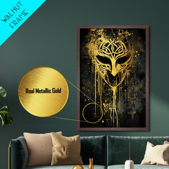 Celtic Knot Mask Metallic Gold Art, Intricate Tribal Inspired Design, Abstract Splatter Wall Decor, Real Wood Frame