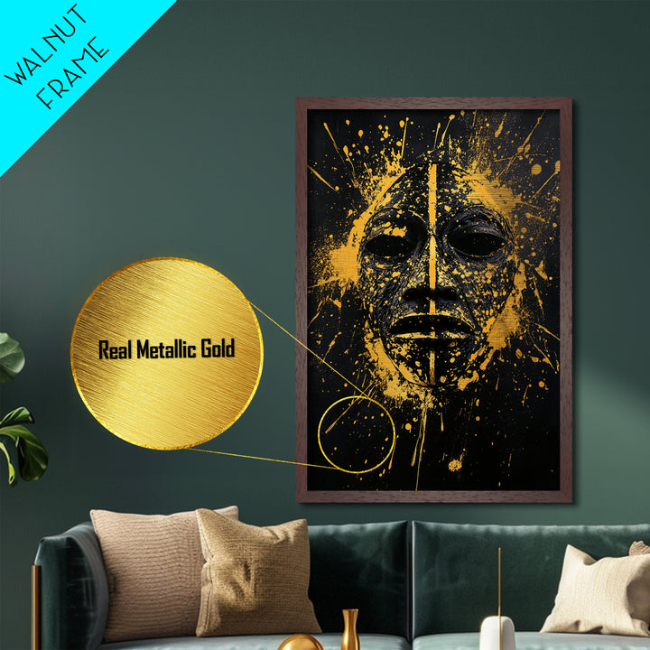 African Tribal Mask Metallic Gold Metal Print, Bold Face Art, Splatter Style Ethnic Wall Decoration, Real Wood Frame