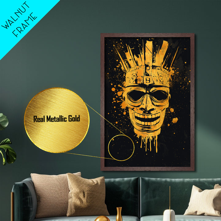Ancient Warrior Mask Metallic Gold Metal Print, Tribal Armor Inspired Face Art, Bold Splatter Wall Decor, Real Wood Frame