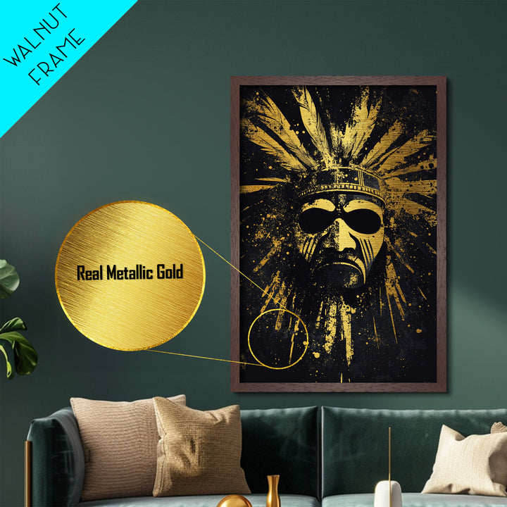 Aztec Sun Mask Metallic Gold Metal Print, Tribal Inspired Ancient Face Art, Splatter Style Wall Decor, Real Wood Frame
