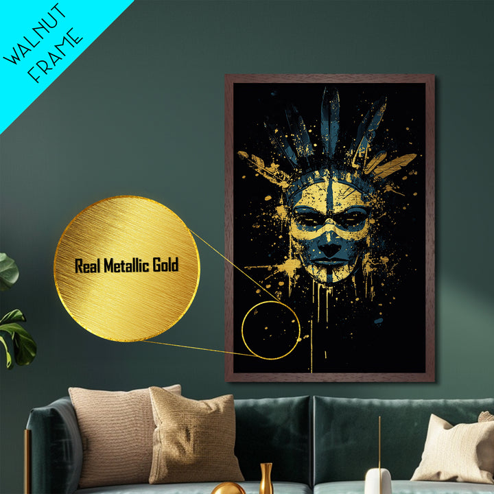 Tribal Feather Mask Metallic Gold Metal Print, Abstract Splatter Mask Wall Art, Real Wood Frame, Modern Ethnic Home Decor