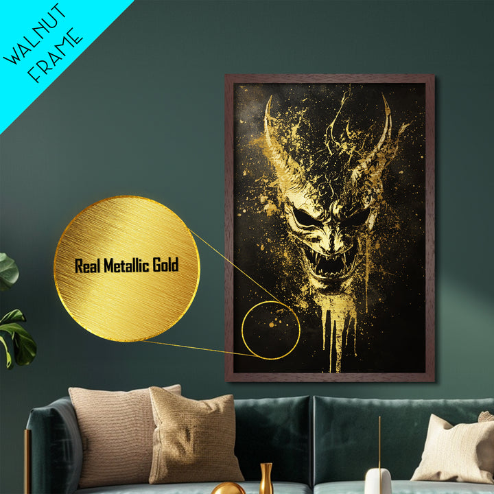 Oni Demon Mask Metallic Gold Metal Print, Japanese Mythology Wall Art, Real Wood Frame, Bold Samurai Mask Artwork