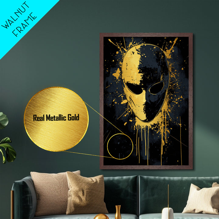 Minimalist Mask Metallic Gold Metal Print, Abstract Splatter Face Wall Art, Real Wood Frame, Contemporary Mask Decor