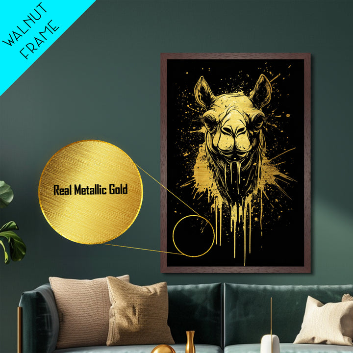 Camel Portrait Metallic Gold Metal Print, Animal Splatter Wall Art, Real Wood Frame, Modern Wildlife Artwork For Home