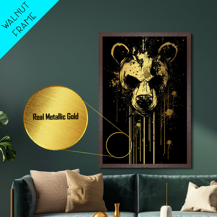 Bear Face Metallic Gold Metal Print, Animal Splatter Wall Art, Real Wood Frame, Fierce Wildlife Artwork For Modern Decor