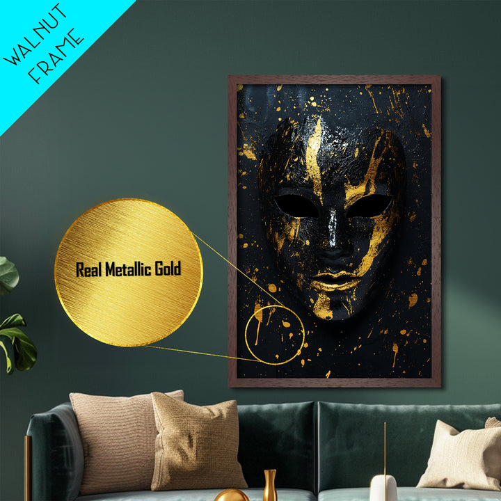 Abstract Mask Metallic Gold Metal Print, Contemporary Splatter Face Wall Art, Real Wood Frame, Modern Tribal Mask Decor