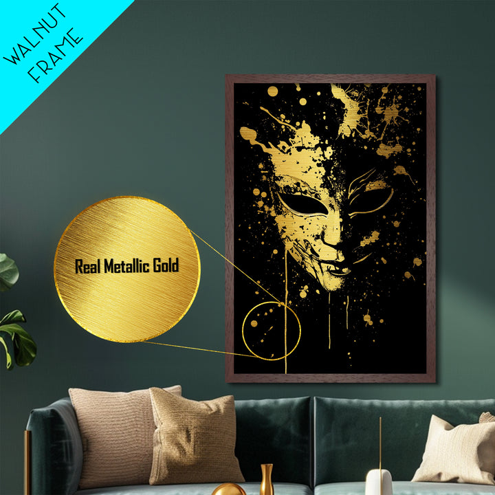 Mysterious Mask Metallic Gold Metal Print, Abstract Splatter Face Wall Art, Real Wood Frame, Dark Modern Mask Artwork