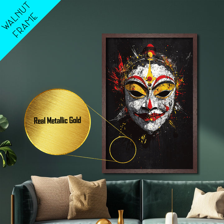 Tribal Feather Mask Metallic Gold Metal Print, Splatter Art Decor, Ethnic Wall Art, Real Wood Frame, Cultural Modern Artwork