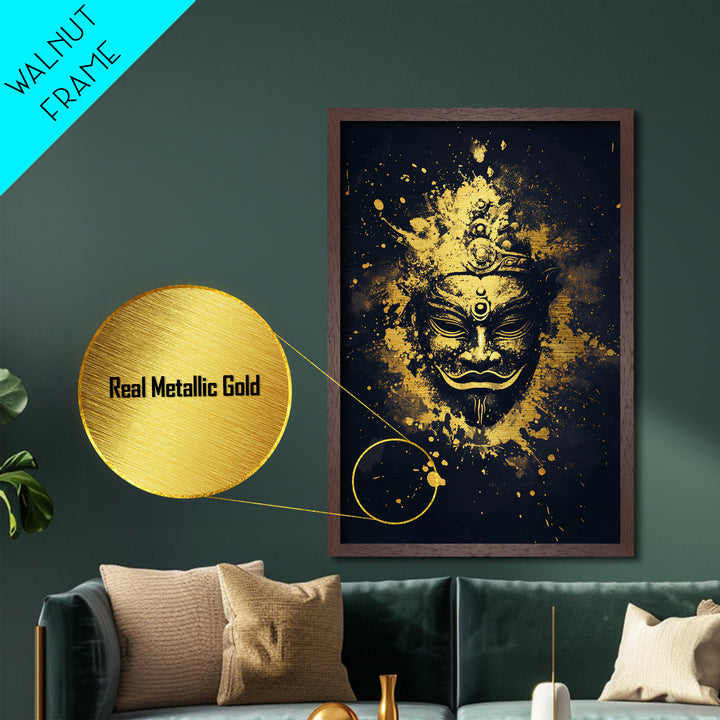Ancient Mask Metallic Gold Metal Print, Mystical Splatter Wall Art, Real Wood Frame, Bold Spiritual Mask Artwork For Home