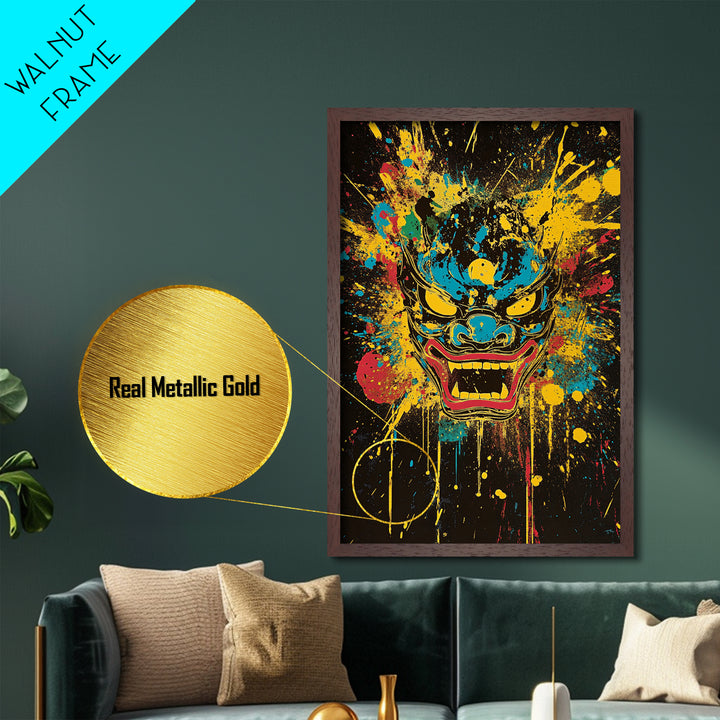 Demonic Horn Mask Metallic Gold Metal Print, Gothic Wall Art, Dark Splatter Painting, Real Wood Frame, Bold Statement Decor