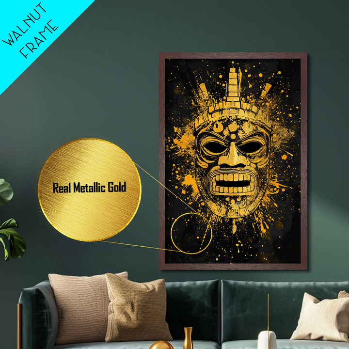 Abstract Alien Mask Metallic Gold Metal Print, Futuristic Splatter Art, Minimalist Wall Art, Real Wood Frame, Modern Home Decor