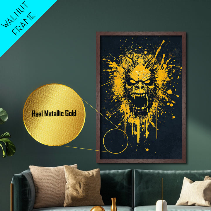 Bear Face Metallic Gold Metal Print, Animal Splatter Art, Fierce Wildlife Wall Decor, Real Wood Frame, Modern Bold Statement Art