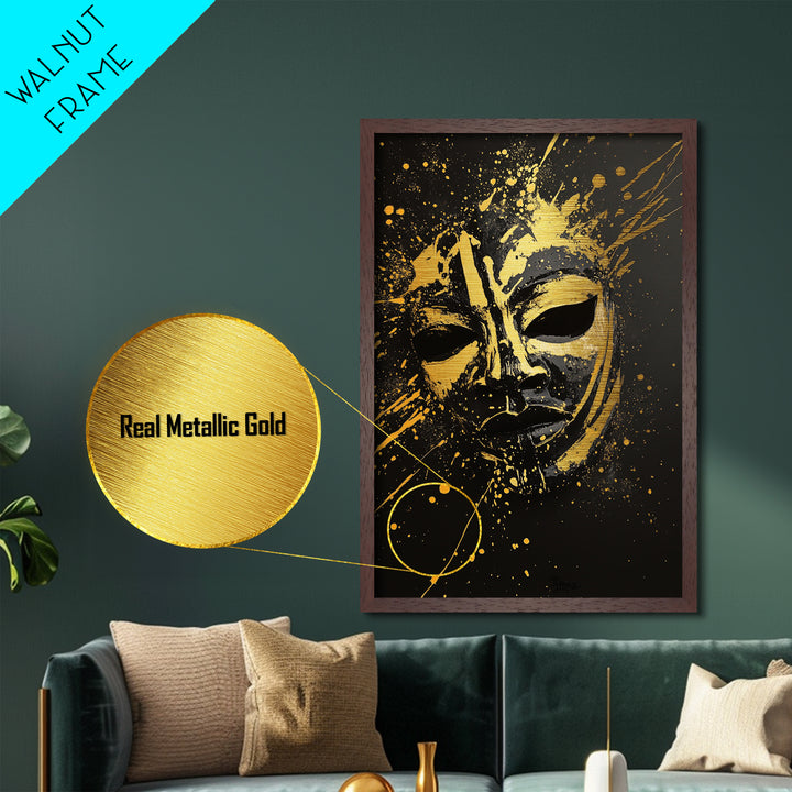 Samurai Oni Mask Metallic Gold Metal Print, Japanese Splatter Artwork, Warrior Wall Art, Real Wood Frame, Bold Cultural Decor