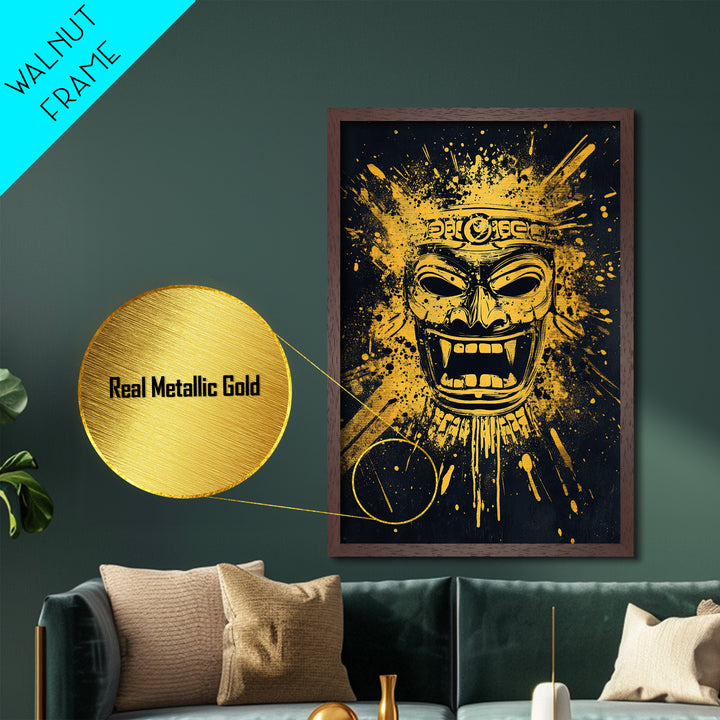 Shark Head Metallic Gold Metal Print, Splatter Ocean Art, Fierce Predator Wall Decor, Real Wood Frame, Modern Marine Artwork
