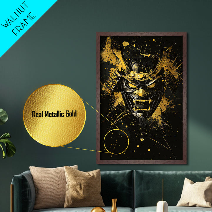 Vampire Mask Metallic Gold Metal Print, Gothic Splatter Wall Art, Horror Decor, Real Wood Frame, Dark Artistic Statement Artwork