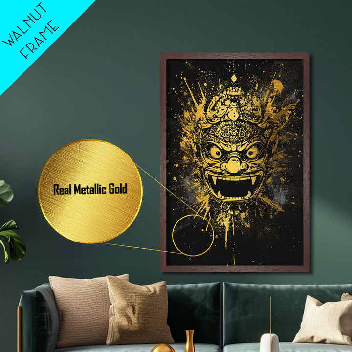 Balinese Barong Mask Metallic Gold Metal Print, Tribal Wall Art, Mythical Creature Artwork, Real Wood Frame, Unique Home Decor