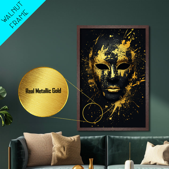 Venetian Mask Metallic Gold Metal Print, Elegant Wall Art, Luxury Mask Artwork, Real Wood Frame, Dramatic Splatter Effect Home Decor