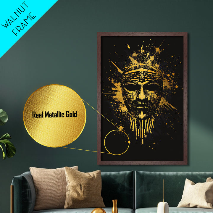 Ancient Warrior Mask Metallic Gold Metal Print, Historical Wall Art, Tribal Battle Mask Artwork, Real Wood Frame, Striking Home Accent