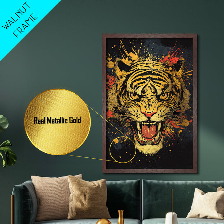Roaring Tiger Metallic Gold Metal Print, Wildlife Wall Art, Bold Jungle Cat Artwork, Real Wood Frame, Intense Animal Decor For Home