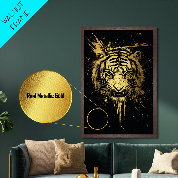 Tiger Head Metallic Gold Metal Print, Fierce Jungle Cat Wall Art, Animal Spirit Artwork, Real Wood Frame, Powerful Wildlife Home Decor