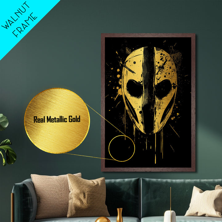 Abstract Mask Metallic Gold Metal Print, Tribal Wall Art, Mysterious Face Artwork, Real Wood Frame, Bold Splatter Paint Effect Decor