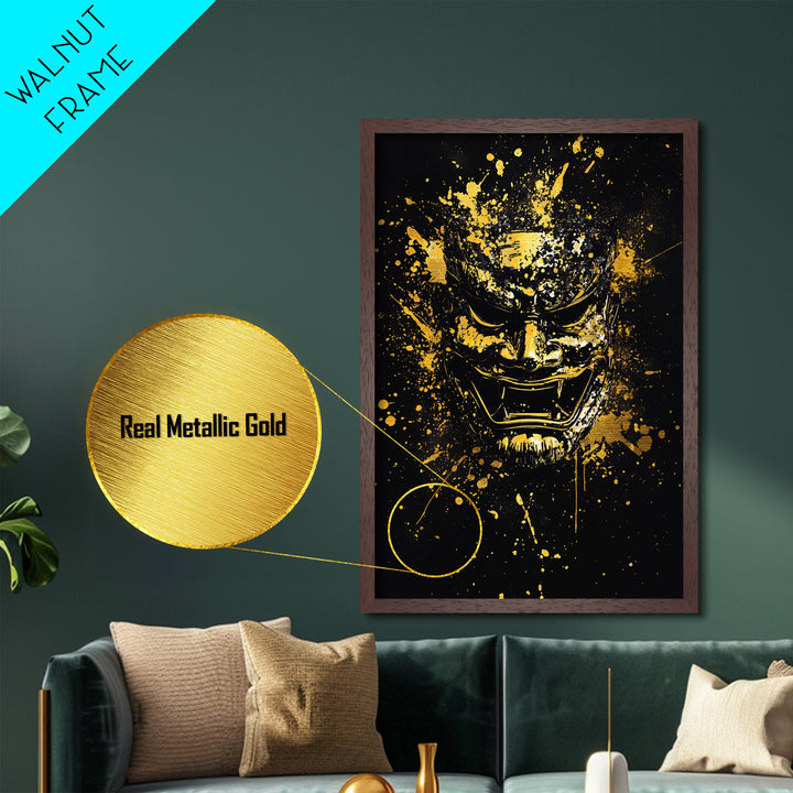 Samurai Mask Metallic Gold Metal Print, Japanese Warrior Art, Splatter Style Wall Decor, Fierce Samurai Artwork, Real Wood Framed