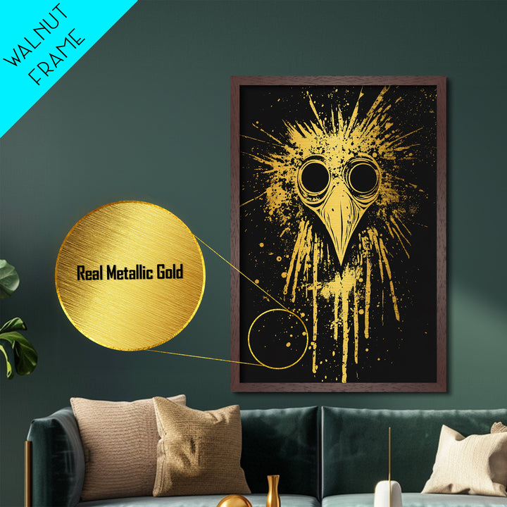 Plague Doctor Mask Metallic Gold Metal Print, Gothic Splatter Art, Dark Fantasy Wall Decor, Unique Gothic Artwork, Real Wood Framed