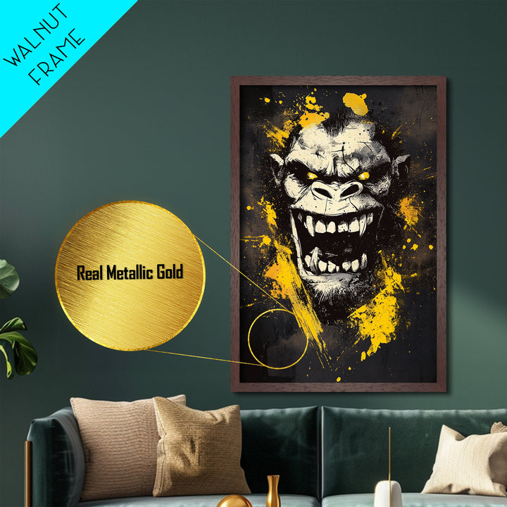 Gorilla Face Metallic Gold Metal Print, Wild Splatter Art, Bold Jungle Wall Decor, Fierce Animal Artwork, Real Wood Framed